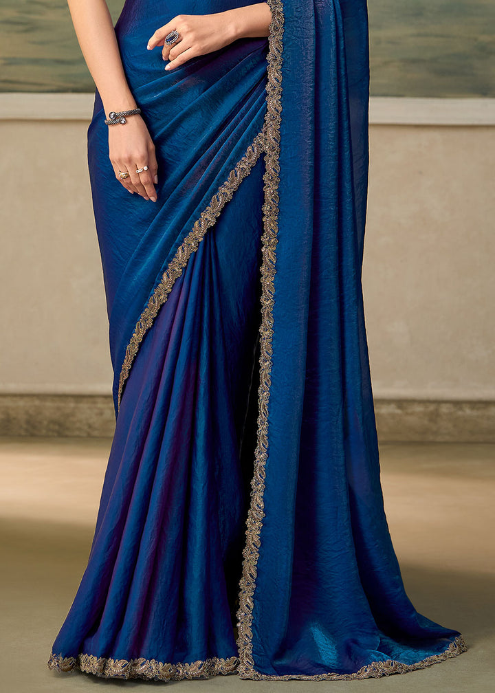 Midnight Blue Satin Silk Saree with Shimmer-Embroidered Tussar Silk Blouse