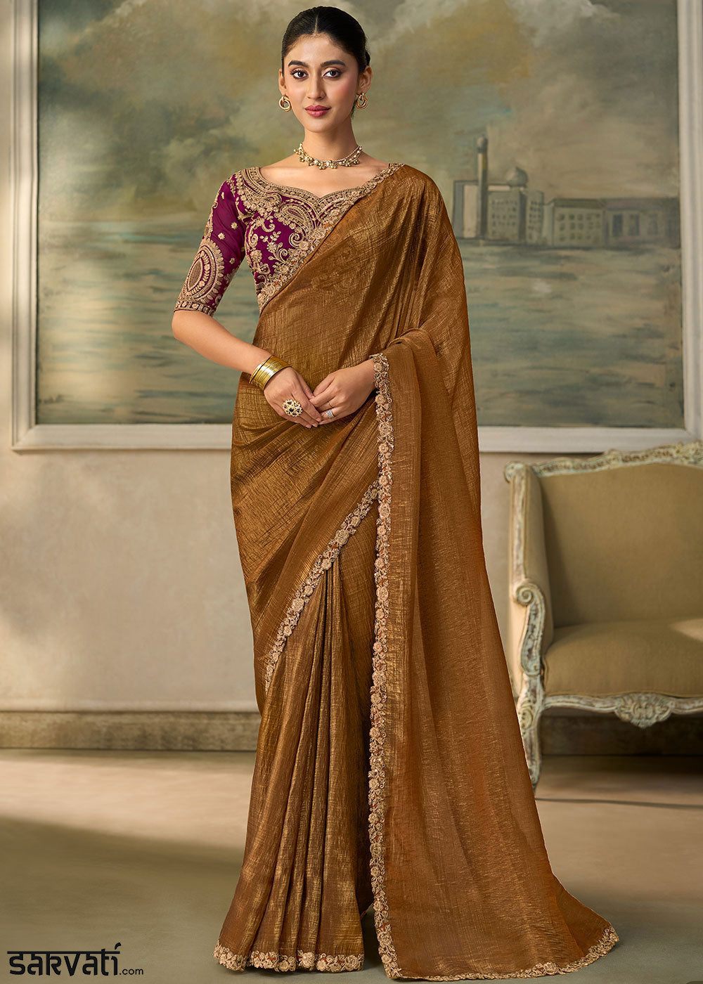 Bronze Brown Georgette Saree with Shimmer-Embroidered Tussar Silk Blouse
