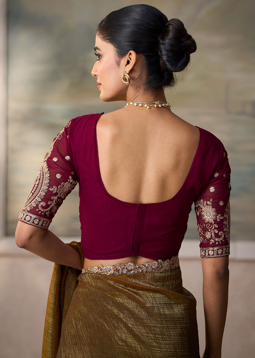 Bronze Brown Georgette Saree with Shimmer-Embroidered Tussar Silk Blouse