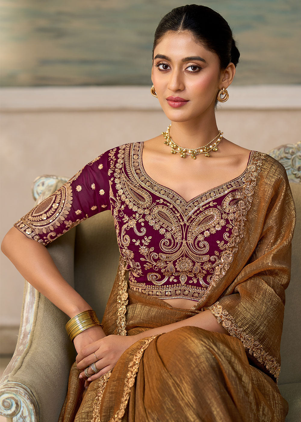 Bronze Brown Georgette Saree with Shimmer-Embroidered Tussar Silk Blouse