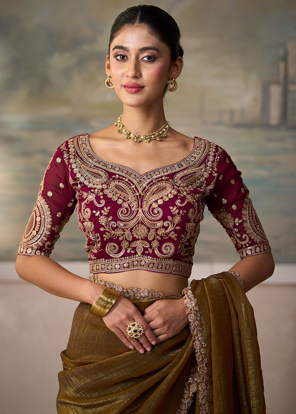 Bronze Brown Georgette Saree with Shimmer-Embroidered Tussar Silk Blouse