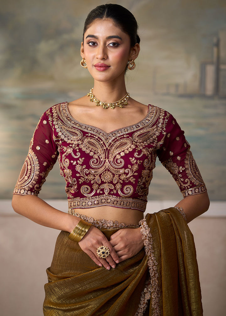 Bronze Brown Georgette Saree with Shimmer-Embroidered Tussar Silk Blouse