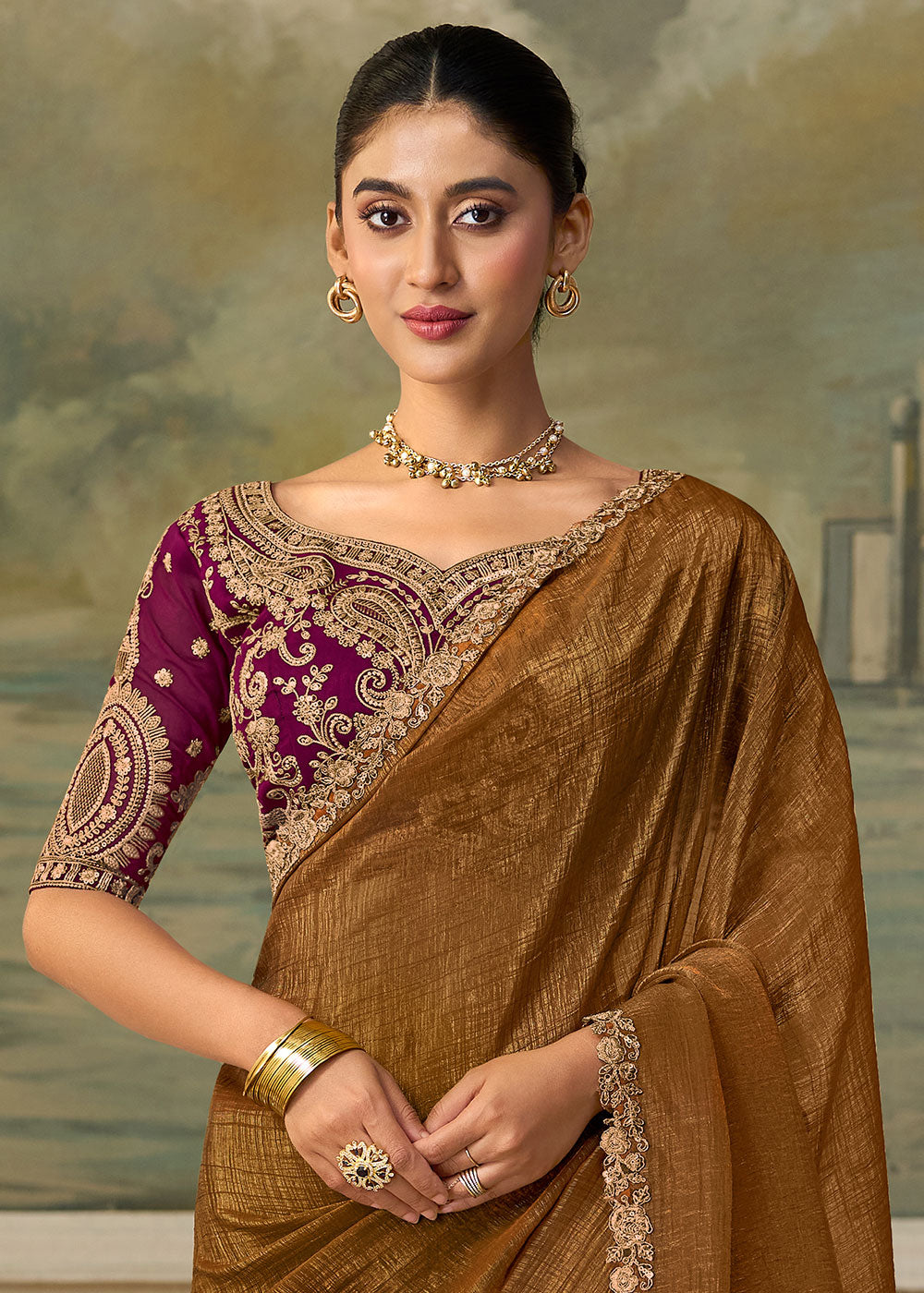 Bronze Brown Georgette Saree with Shimmer-Embroidered Tussar Silk Blouse