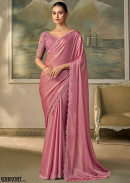 Mauvelous Pink Chiffon Saree with Shimmer-Embroidered Tussar Silk Blouse