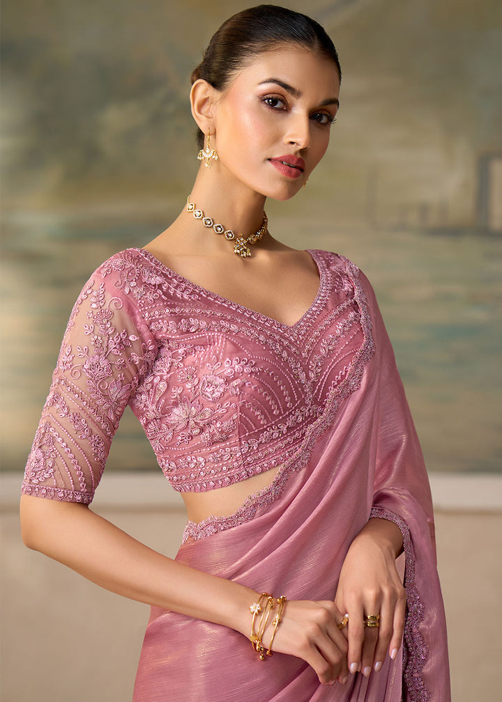 Mauvelous Pink Chiffon Saree with Shimmer-Embroidered Tussar Silk Blouse