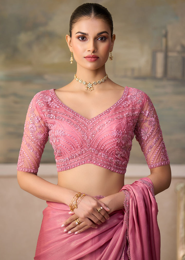 Mauvelous Pink Chiffon Saree with Shimmer-Embroidered Tussar Silk Blouse