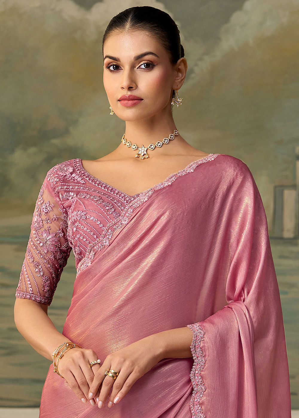 Mauvelous Pink Chiffon Saree with Shimmer-Embroidered Tussar Silk Blouse
