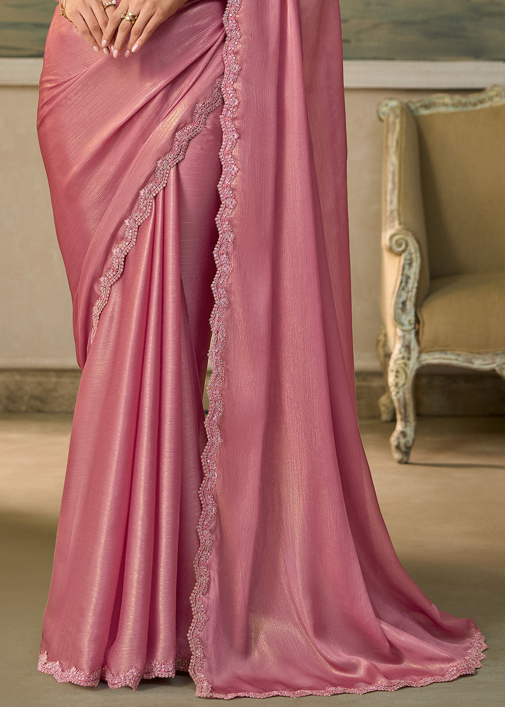 Mauvelous Pink Chiffon Saree with Shimmer-Embroidered Tussar Silk Blouse