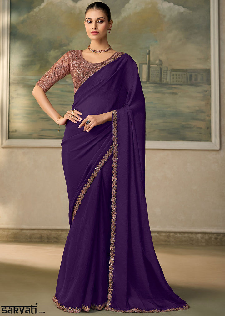 Eggplant Purple Satin Silk Saree with Shimmer-Embroidered Tussar Silk Blouse