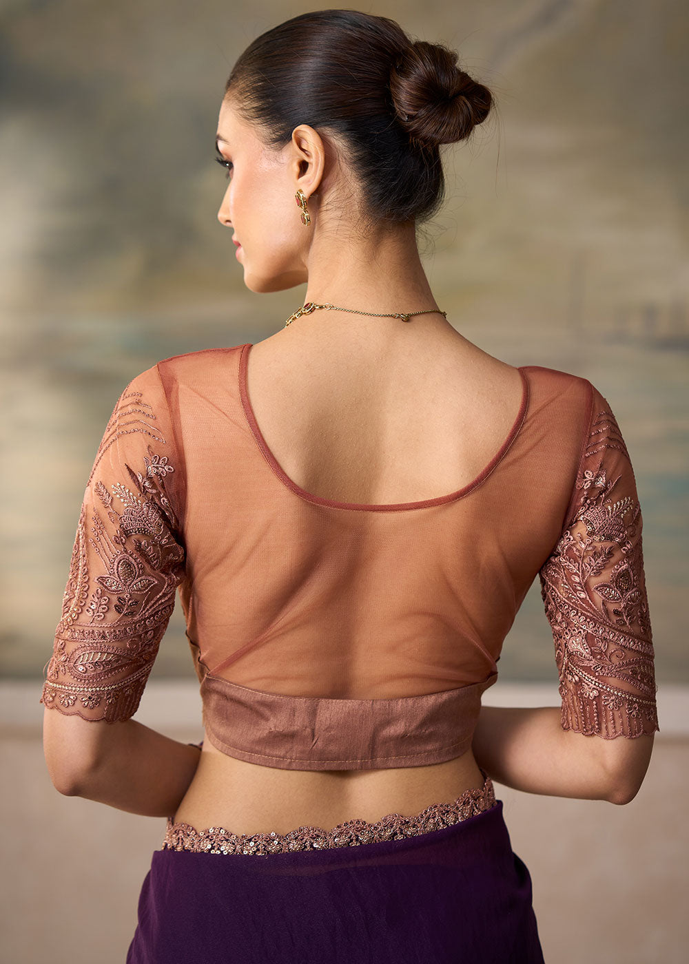 Eggplant Purple Satin Silk Saree with Shimmer-Embroidered Tussar Silk Blouse