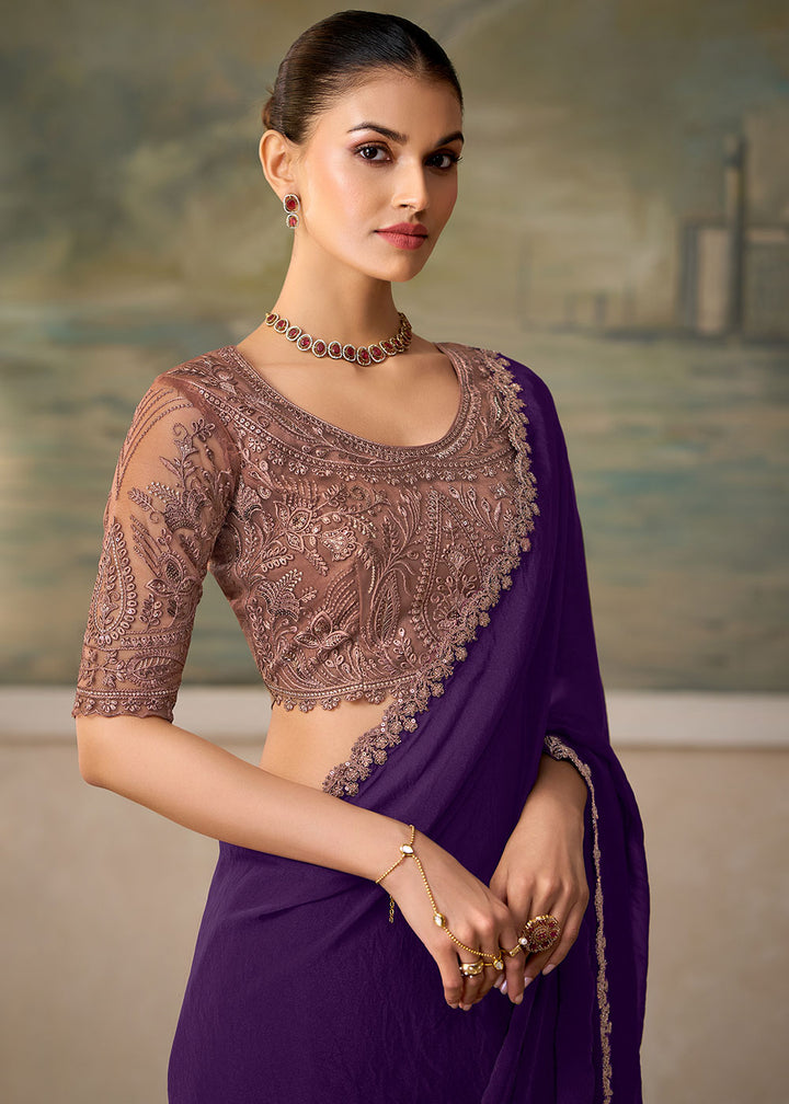Eggplant Purple Satin Silk Saree with Shimmer-Embroidered Tussar Silk Blouse