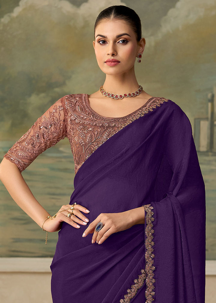 Eggplant Purple Satin Silk Saree with Shimmer-Embroidered Tussar Silk Blouse