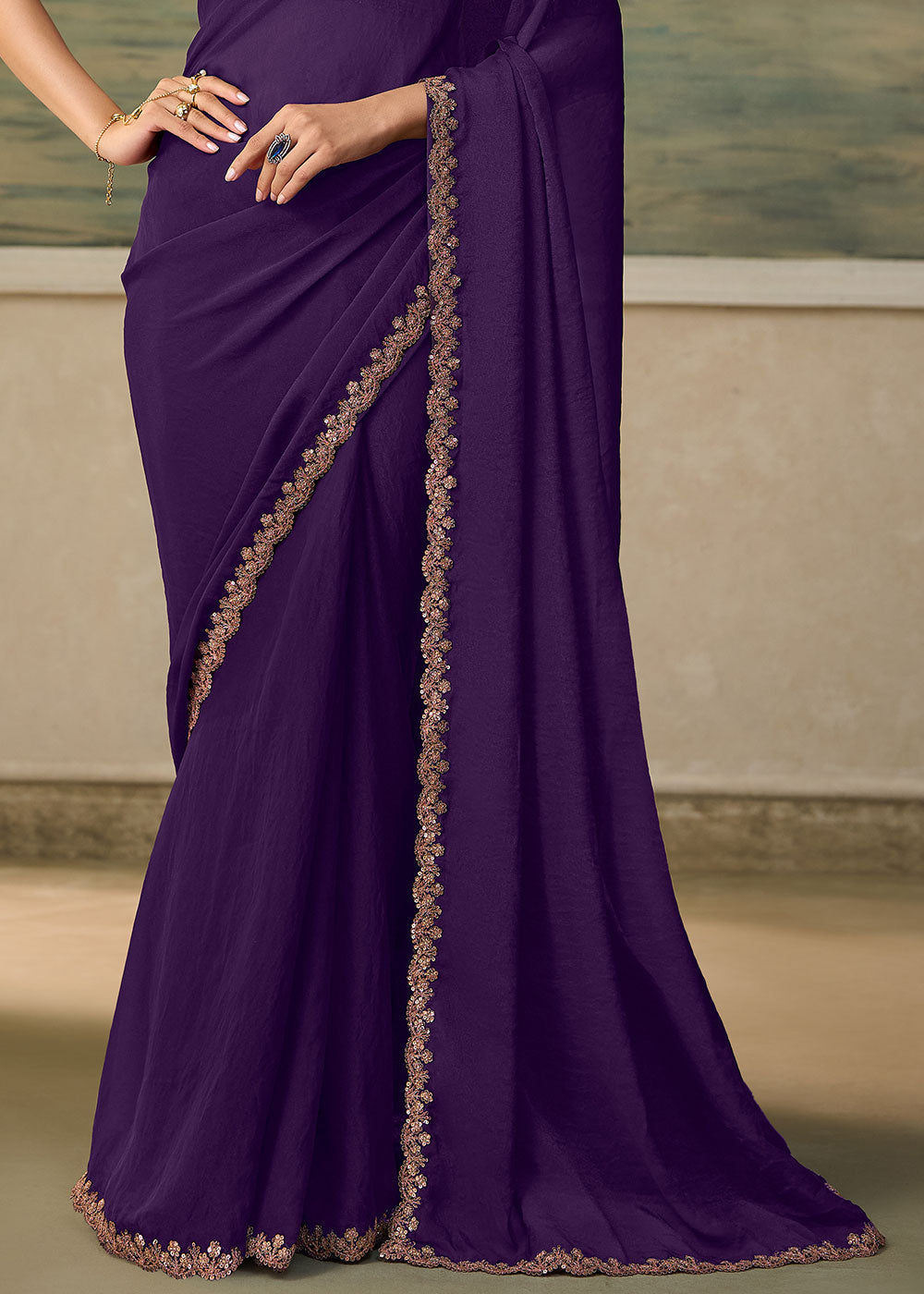 Eggplant Purple Satin Silk Saree with Shimmer-Embroidered Tussar Silk Blouse