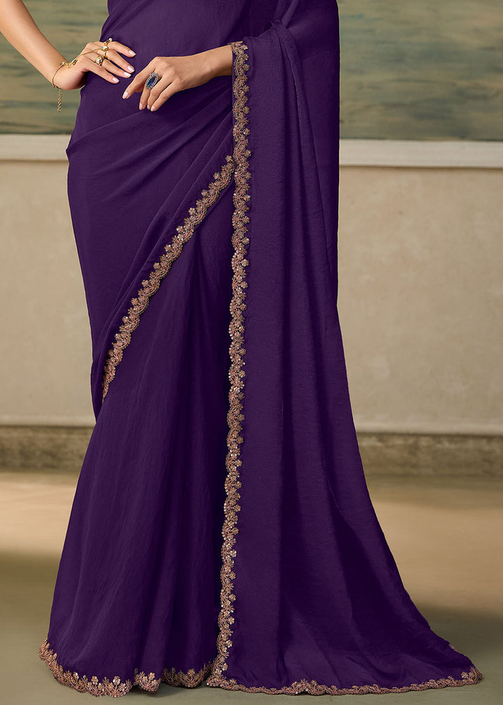 Eggplant Purple Satin Silk Saree with Shimmer-Embroidered Tussar Silk Blouse