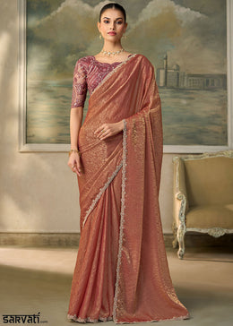 Dusky Orange Georgette Saree with Shimmer-Embroidered Tussar Silk Blouse