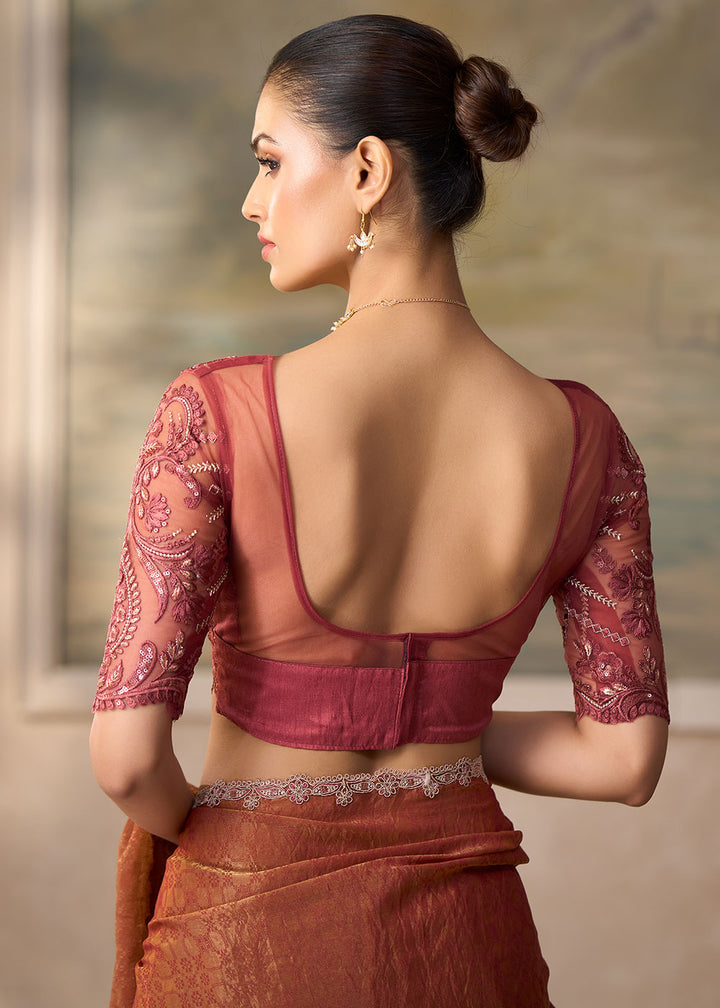 Dusky Orange Georgette Saree with Shimmer-Embroidered Tussar Silk Blouse