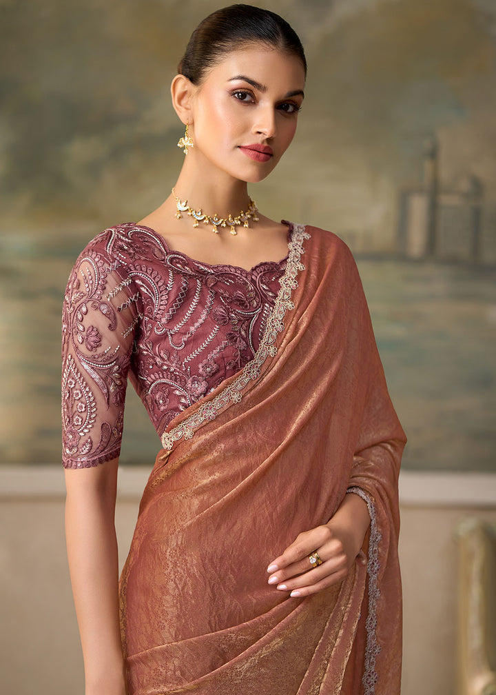 Dusky Orange Georgette Saree with Shimmer-Embroidered Tussar Silk Blouse