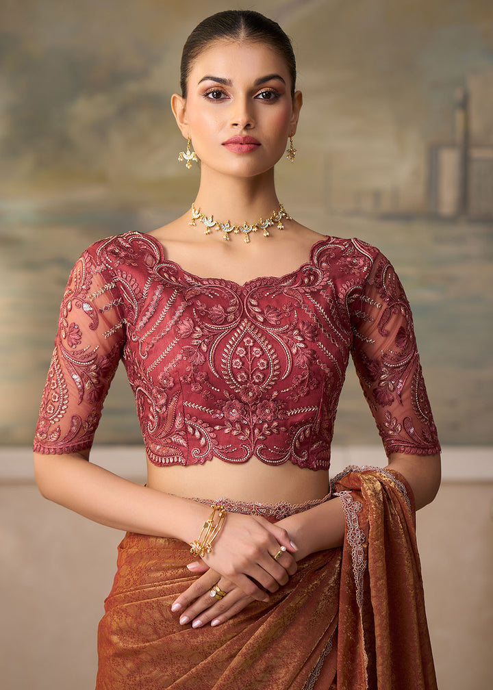 Dusky Orange Georgette Saree with Shimmer-Embroidered Tussar Silk Blouse