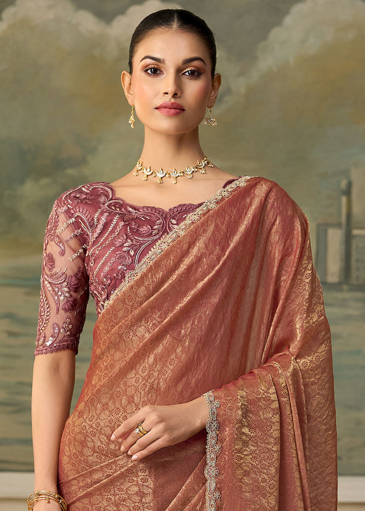 Dusky Orange Georgette Saree with Shimmer-Embroidered Tussar Silk Blouse