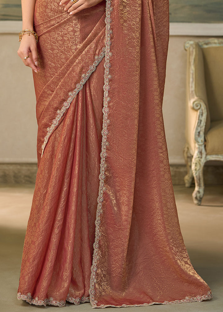 Dusky Orange Georgette Saree with Shimmer-Embroidered Tussar Silk Blouse