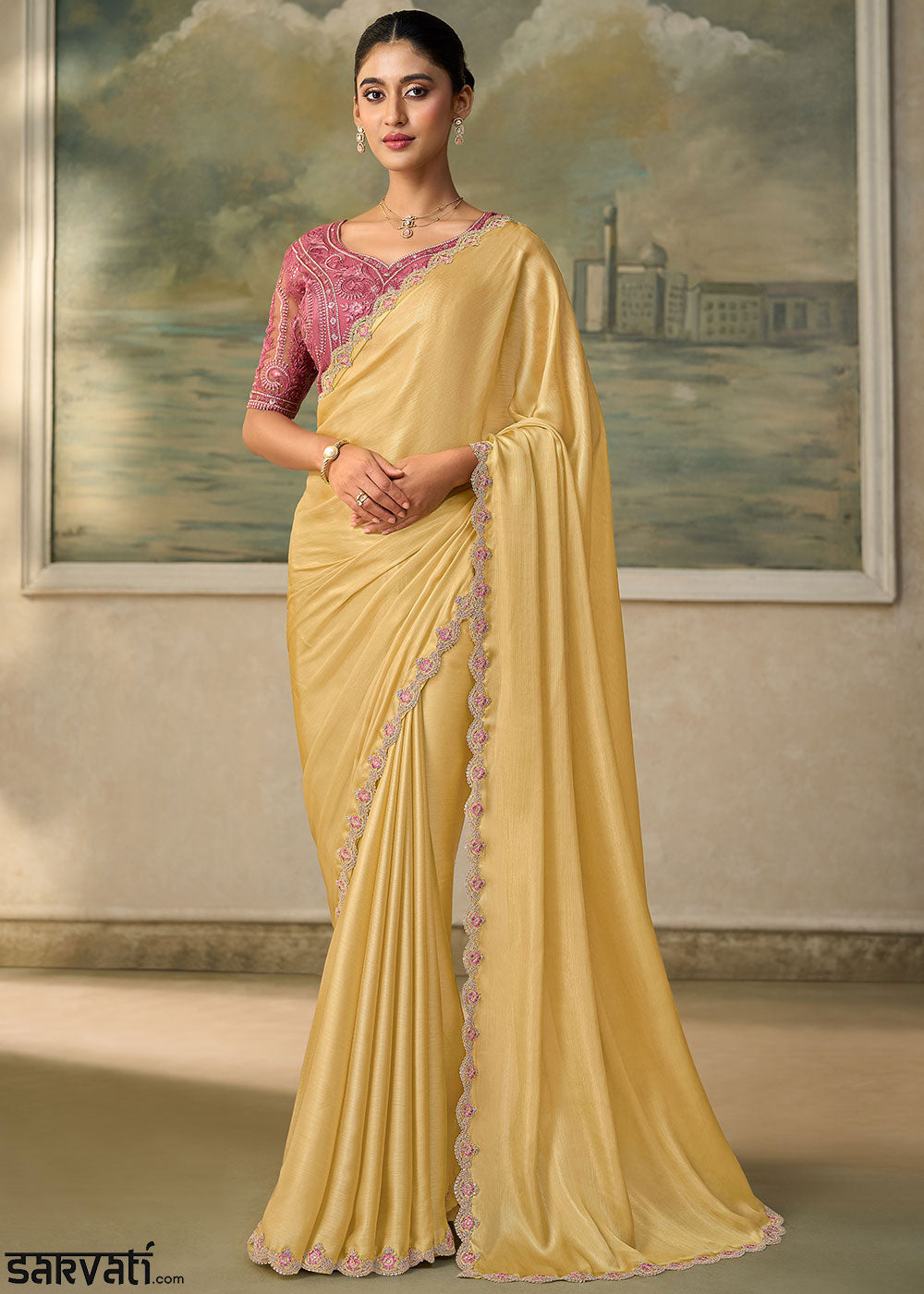 Pastel Yellow Chiffon Saree with Shimmer-Embroidered Tussar Silk Blouse