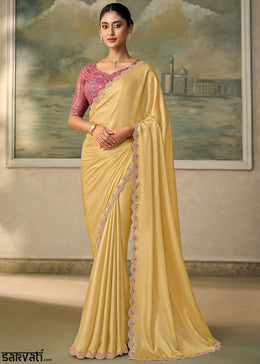 Pastel Yellow Chiffon Saree with Shimmer-Embroidered Tussar Silk Blouse