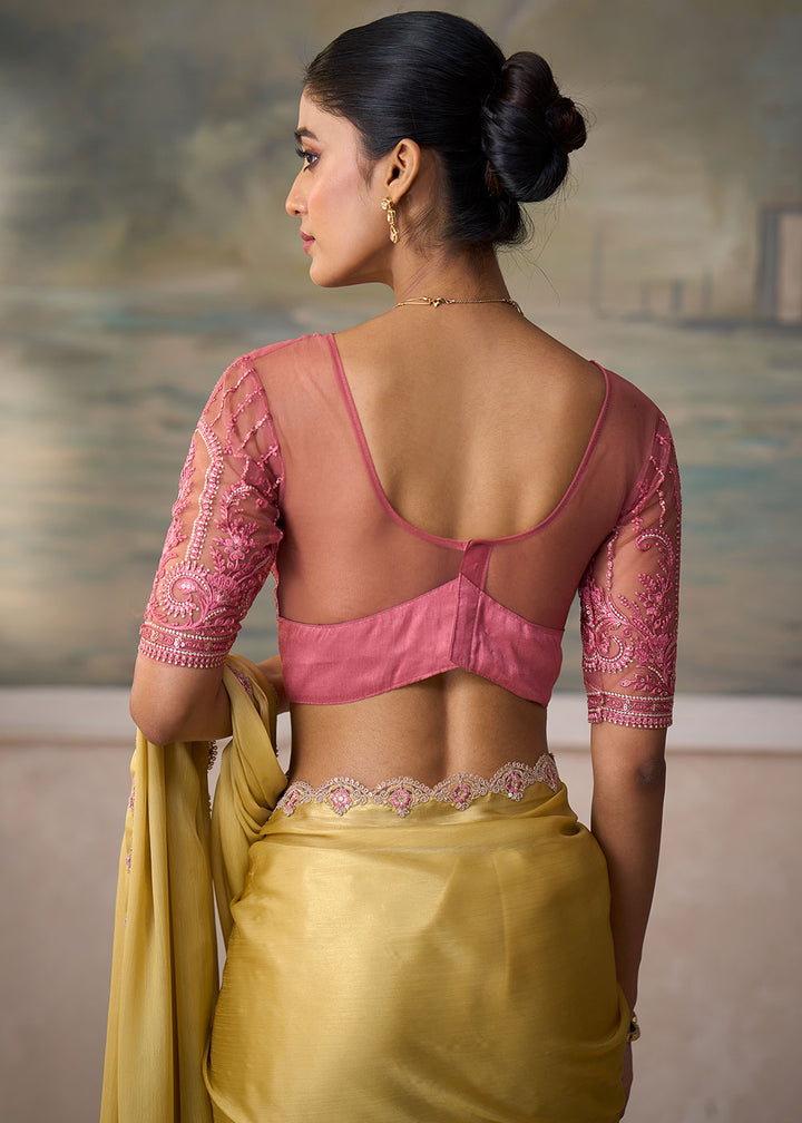 Pastel Yellow Chiffon Saree with Shimmer-Embroidered Tussar Silk Blouse