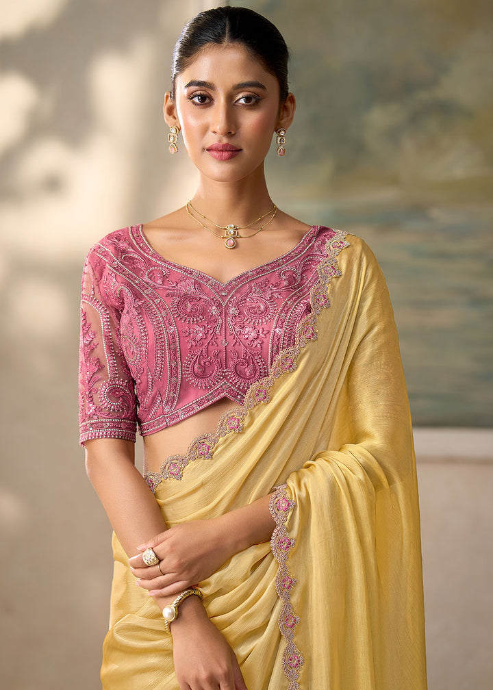 Pastel Yellow Chiffon Saree with Shimmer-Embroidered Tussar Silk Blouse