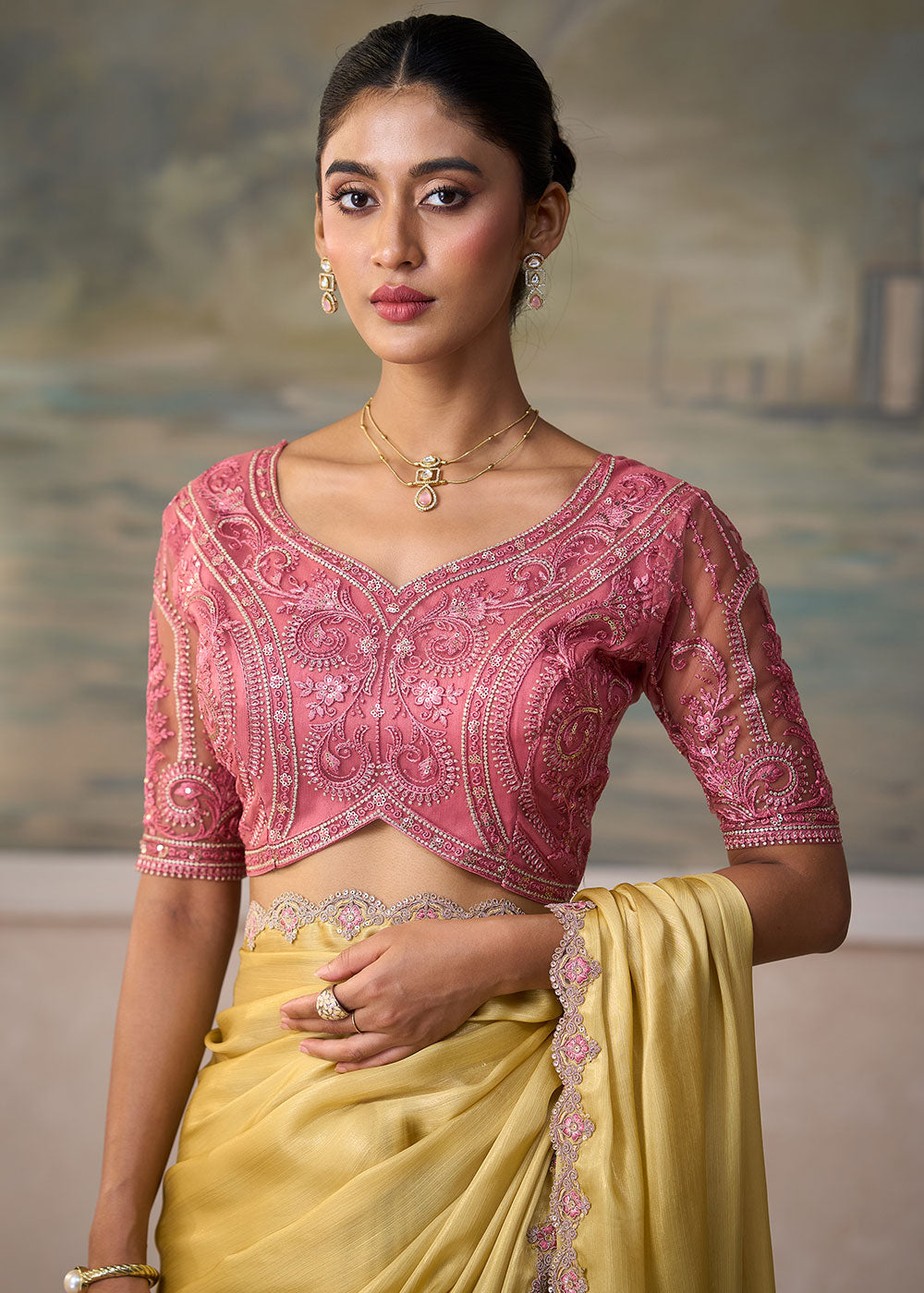 Pastel Yellow Chiffon Saree with Shimmer-Embroidered Tussar Silk Blouse