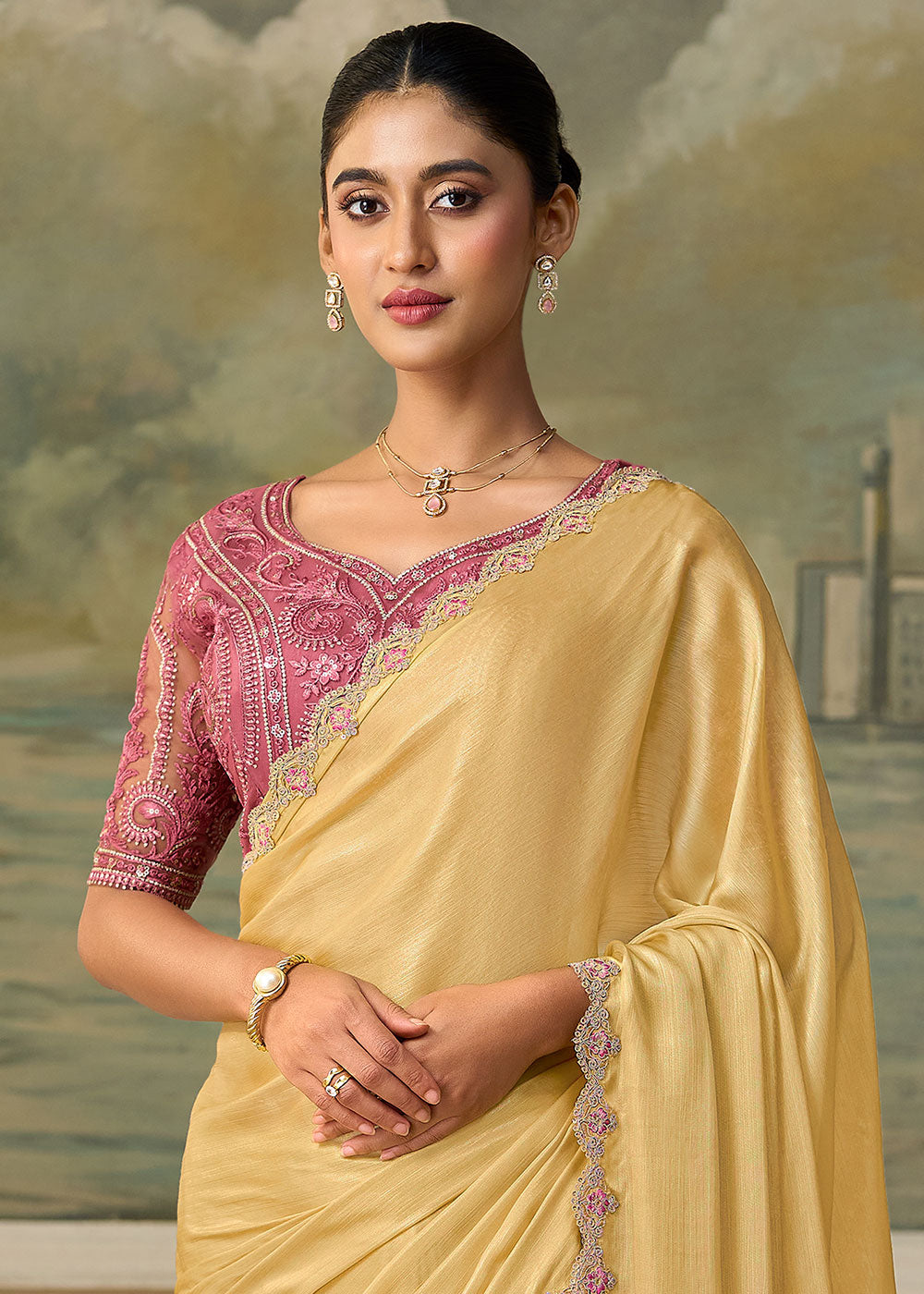 Pastel Yellow Chiffon Saree with Shimmer-Embroidered Tussar Silk Blouse