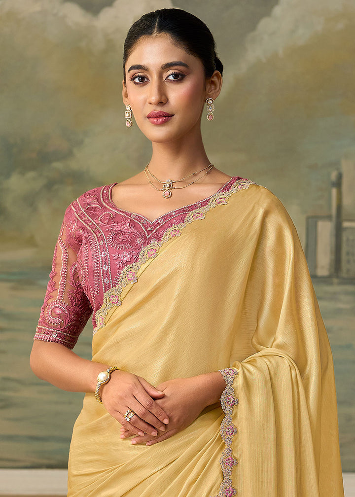 Pastel Yellow Chiffon Saree with Shimmer-Embroidered Tussar Silk Blouse
