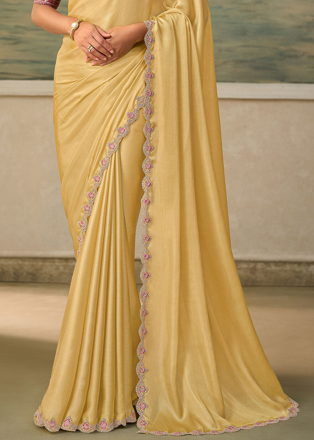 Pastel Yellow Chiffon Saree with Shimmer-Embroidered Tussar Silk Blouse