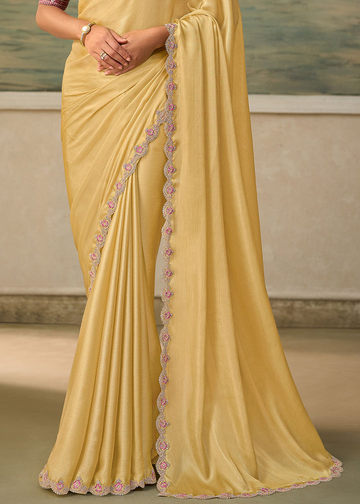 Pastel Yellow Chiffon Saree with Shimmer-Embroidered Tussar Silk Blouse
