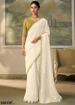 Ivory White Chiffon Saree with Shimmer-Embroidered Tussar Silk Blouse