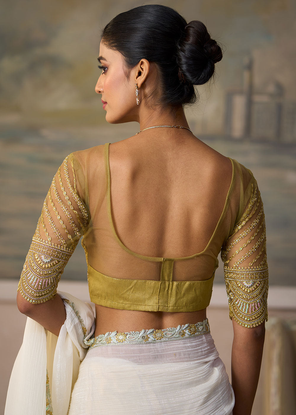 Ivory White Chiffon Saree with Shimmer-Embroidered Tussar Silk Blouse