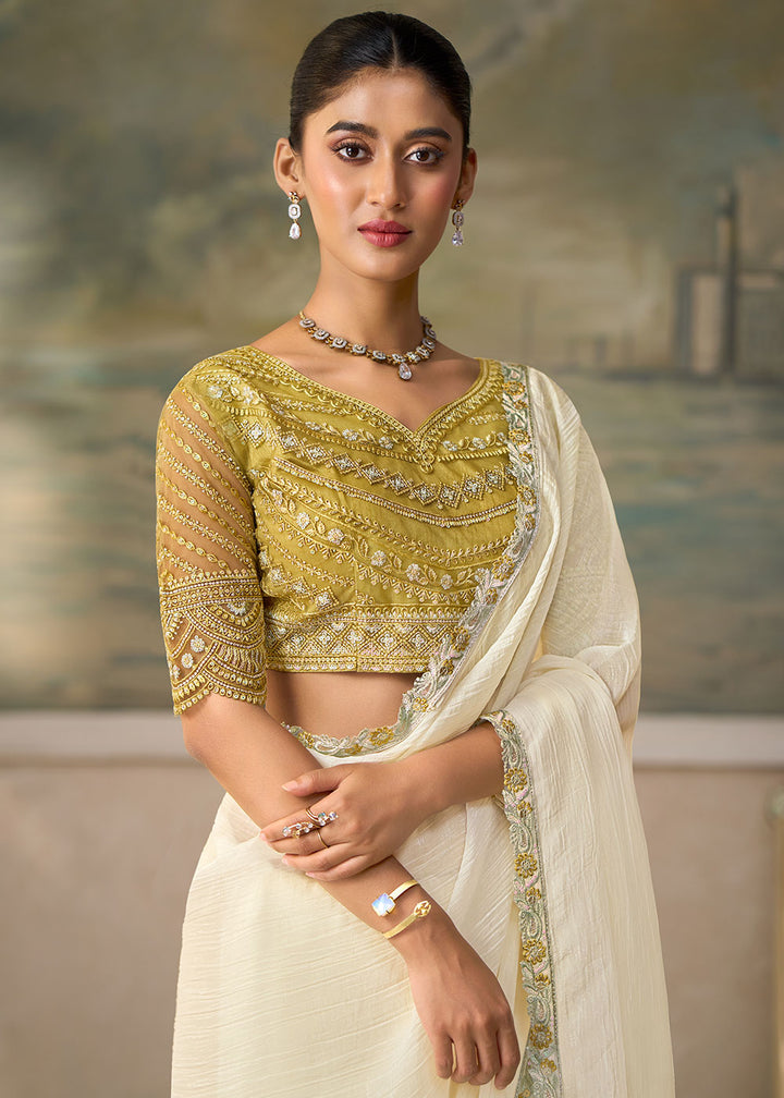 Ivory White Chiffon Saree with Shimmer-Embroidered Tussar Silk Blouse