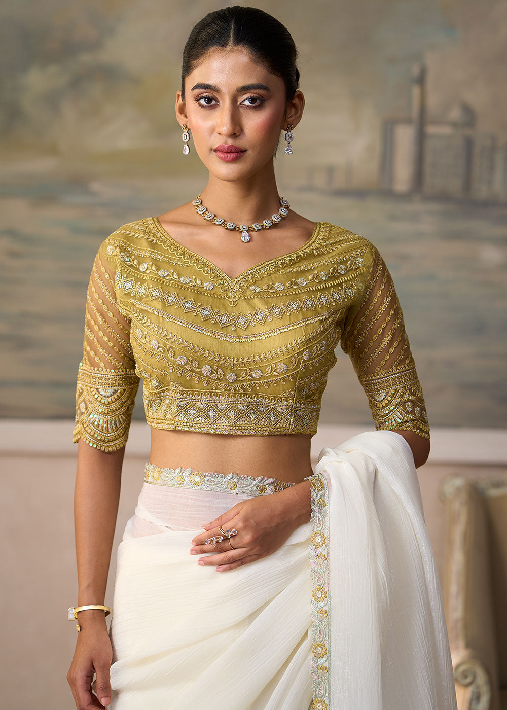 Ivory White Chiffon Saree with Shimmer-Embroidered Tussar Silk Blouse