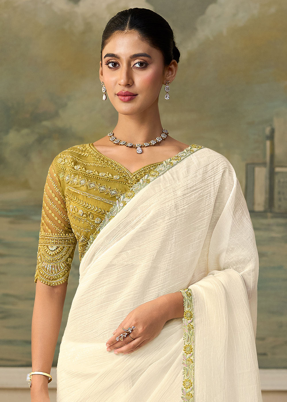 Ivory White Chiffon Saree with Shimmer-Embroidered Tussar Silk Blouse