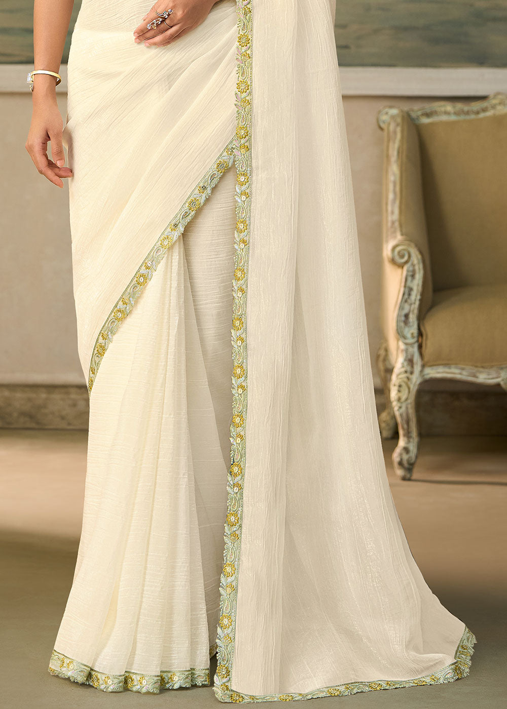 Ivory White Chiffon Saree with Shimmer-Embroidered Tussar Silk Blouse