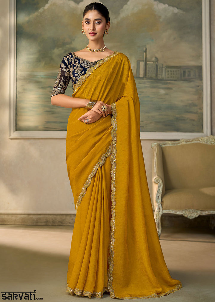 Dijon Yellow Georgette Saree with Fine Sequin Thread Embroidered Georgette Blouse