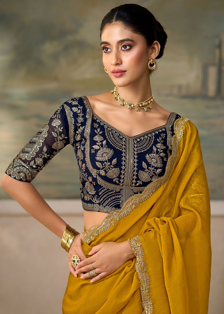 Dijon Yellow Georgette Saree with Fine Sequin Thread Embroidered Georgette Blouse