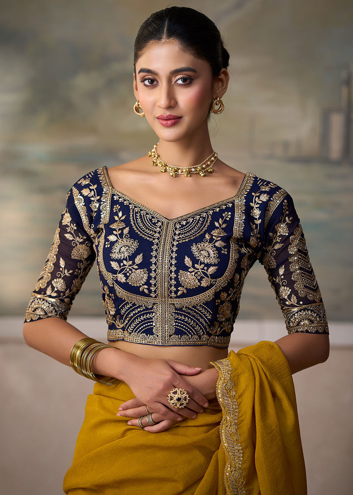 Dijon Yellow Georgette Saree with Fine Sequin Thread Embroidered Georgette Blouse