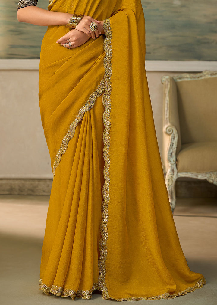 Dijon Yellow Georgette Saree with Fine Sequin Thread Embroidered Georgette Blouse