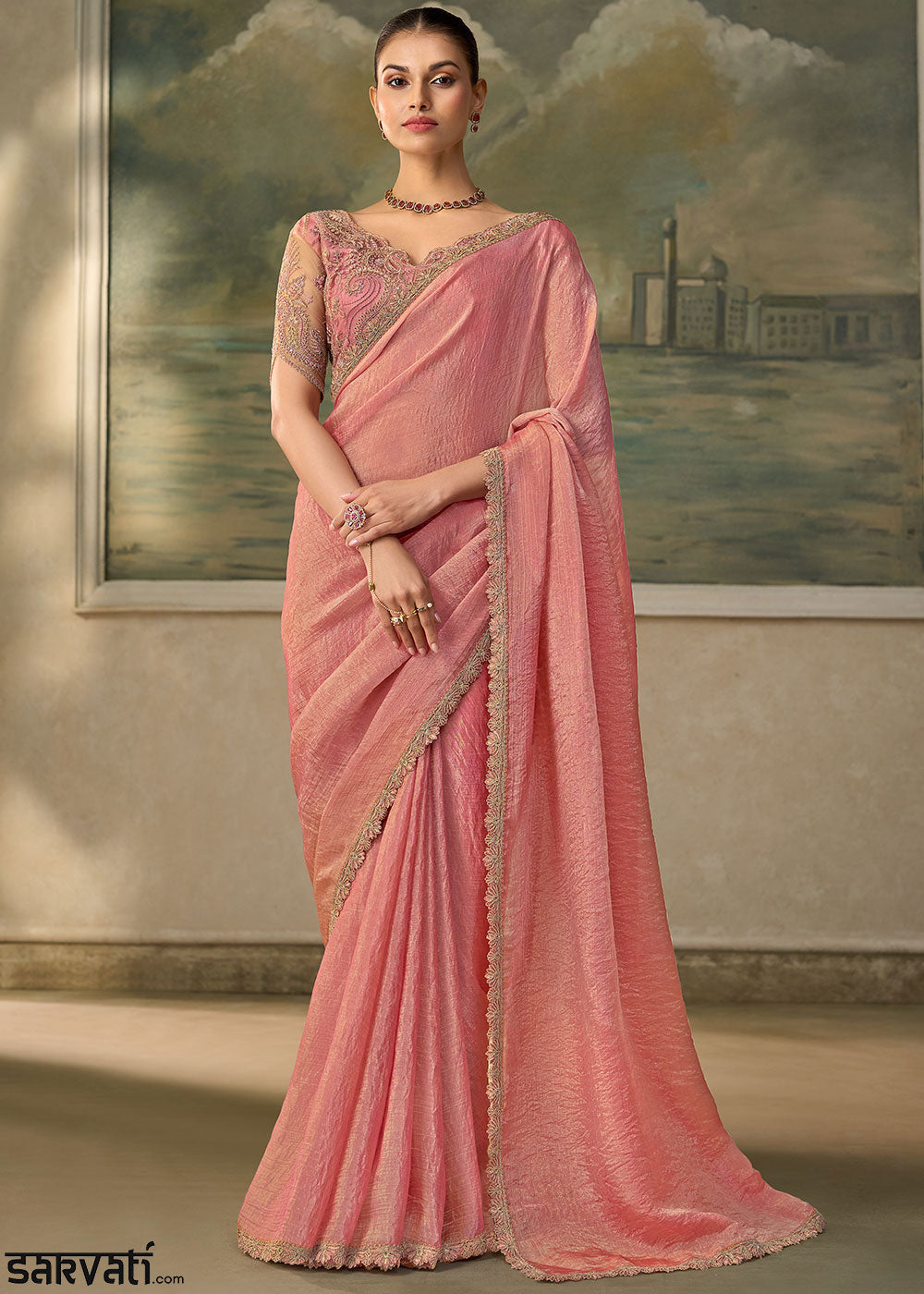 Baby Pink Tissue Saree with Shimmer-Embroidered Tussar Silk Blouse