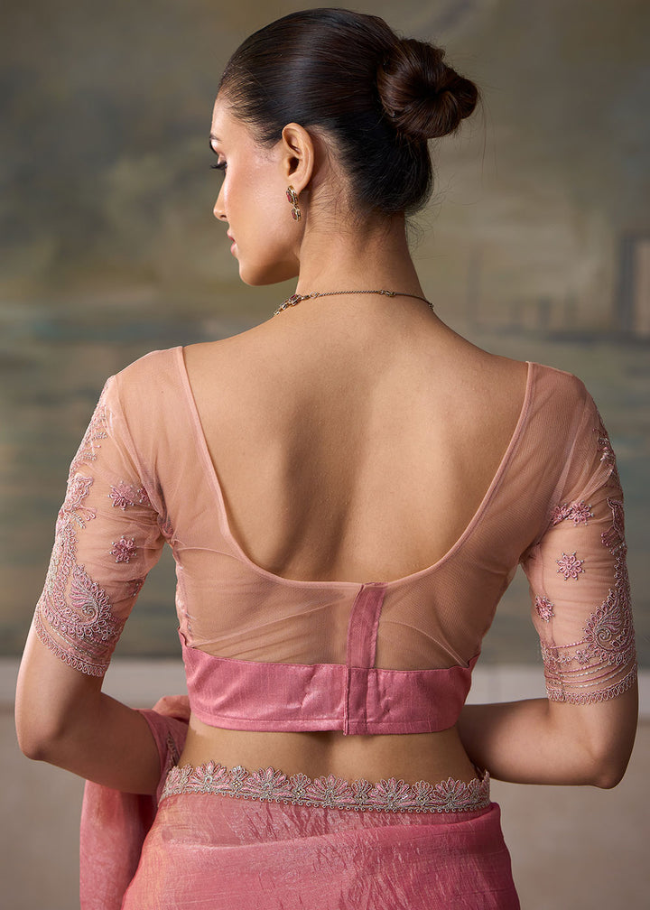 Baby Pink Tissue Saree with Shimmer-Embroidered Tussar Silk Blouse