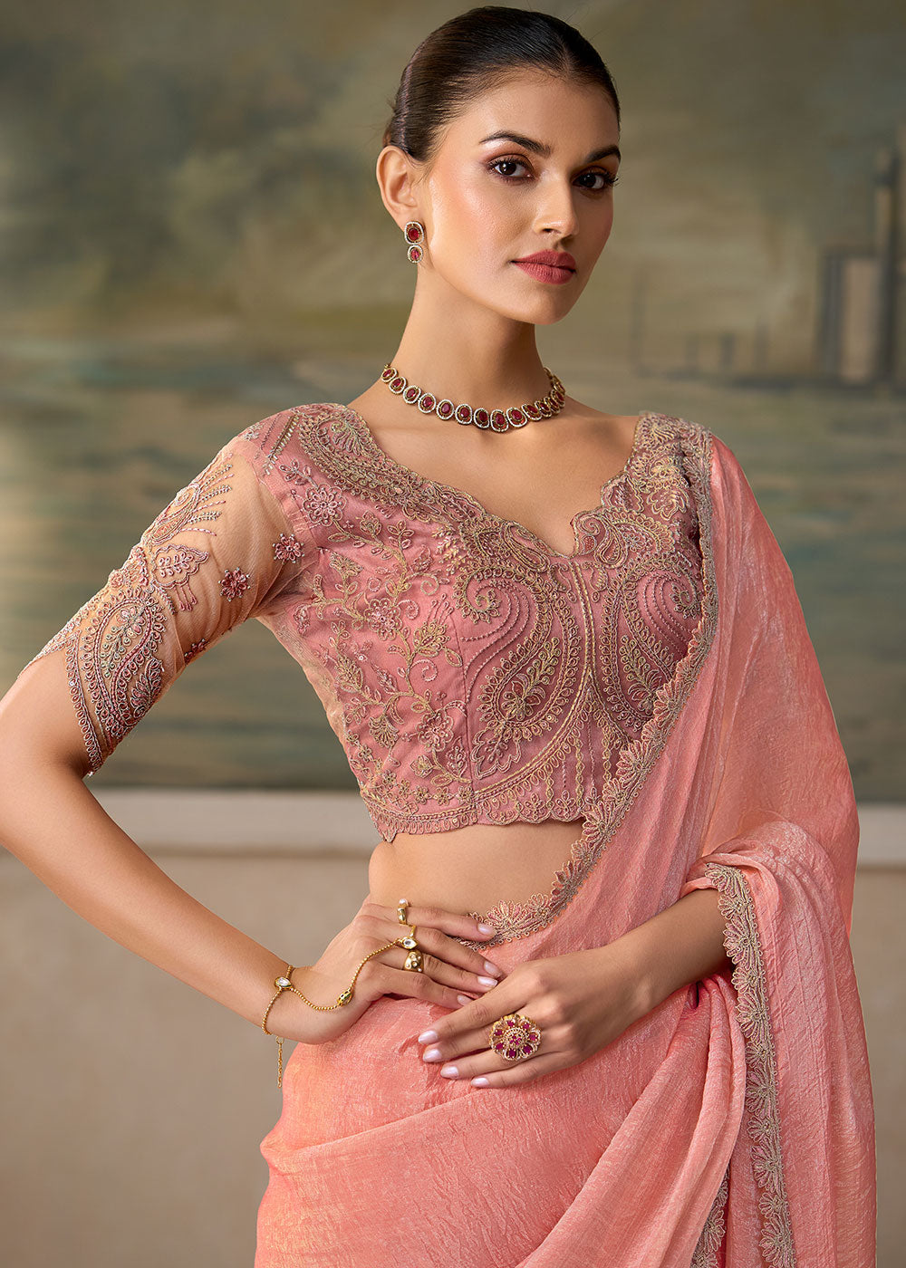 Baby Pink Tissue Saree with Shimmer-Embroidered Tussar Silk Blouse