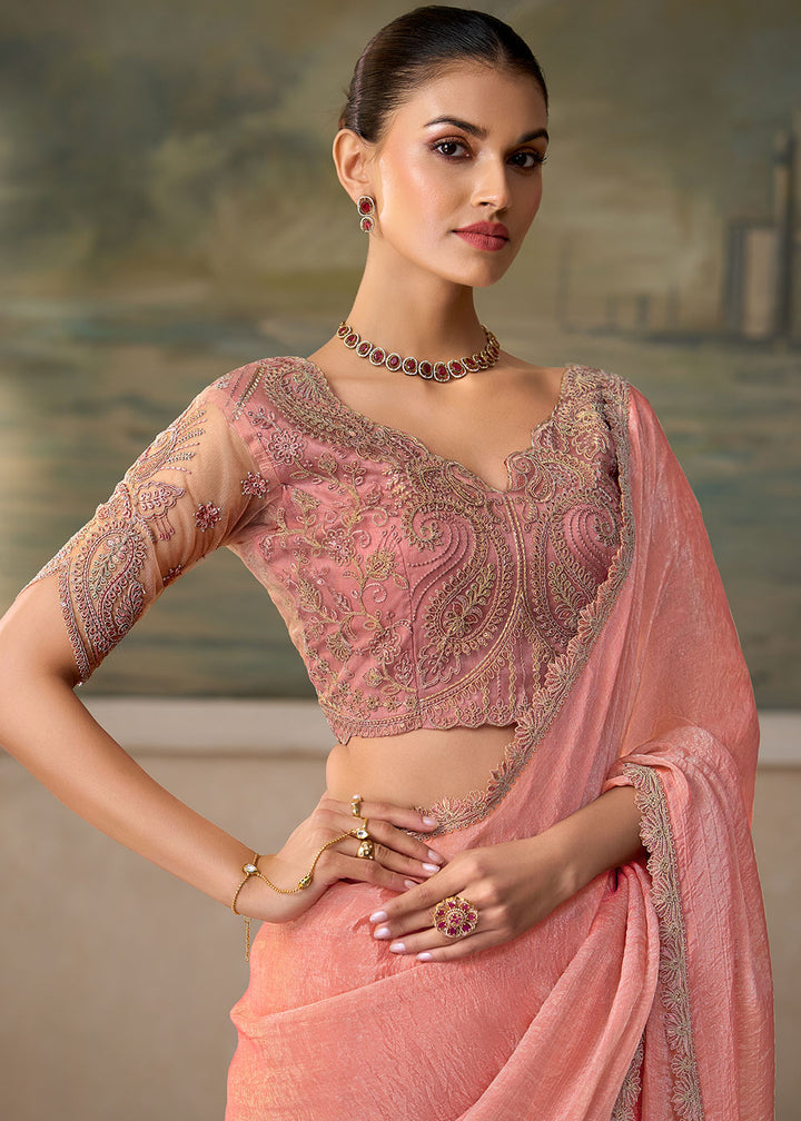 Baby Pink Tissue Saree with Shimmer-Embroidered Tussar Silk Blouse