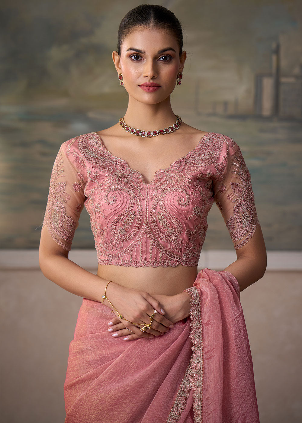 Baby Pink Tissue Saree with Shimmer-Embroidered Tussar Silk Blouse