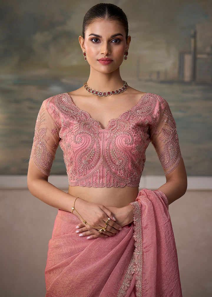 Baby Pink Tissue Saree with Shimmer-Embroidered Tussar Silk Blouse