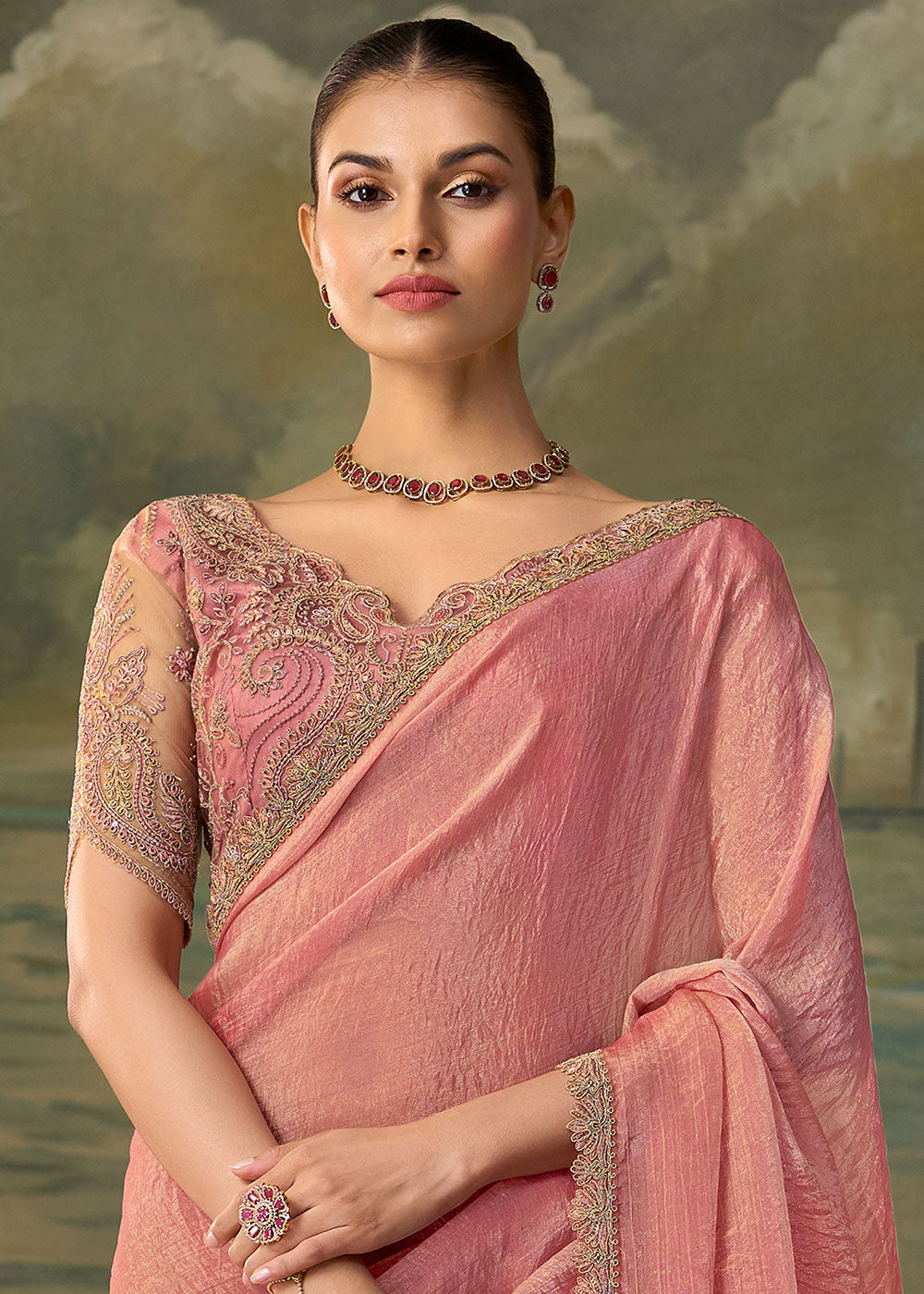 Baby Pink Tissue Saree with Shimmer-Embroidered Tussar Silk Blouse